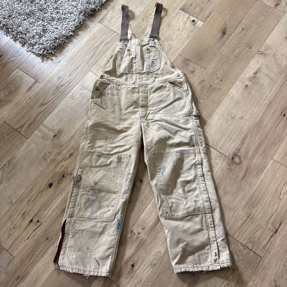 Vintage Carhartt Tan Faded Bib Overalls Double Knee 38x29 Workwear Paint Splat